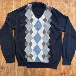Bass V-Neck 100% Cotton Gray Black Blue Long Sleeve Argyle Sweater Men’s XL‎ EUC